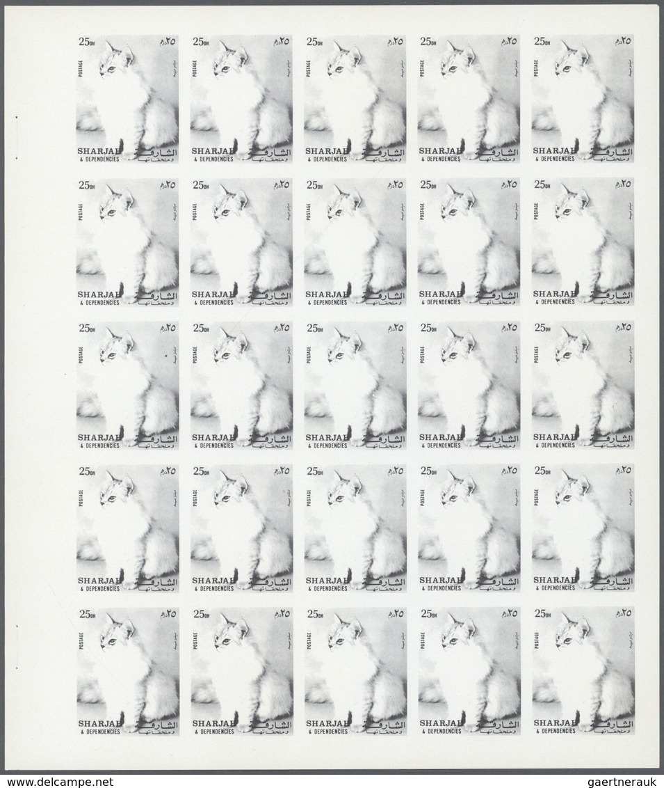 Thematik: Tiere-Katzen / Animals-cats: 1972. Sharjah. Progressive Proof (6 Phases) In Complete Sheet - Domestic Cats