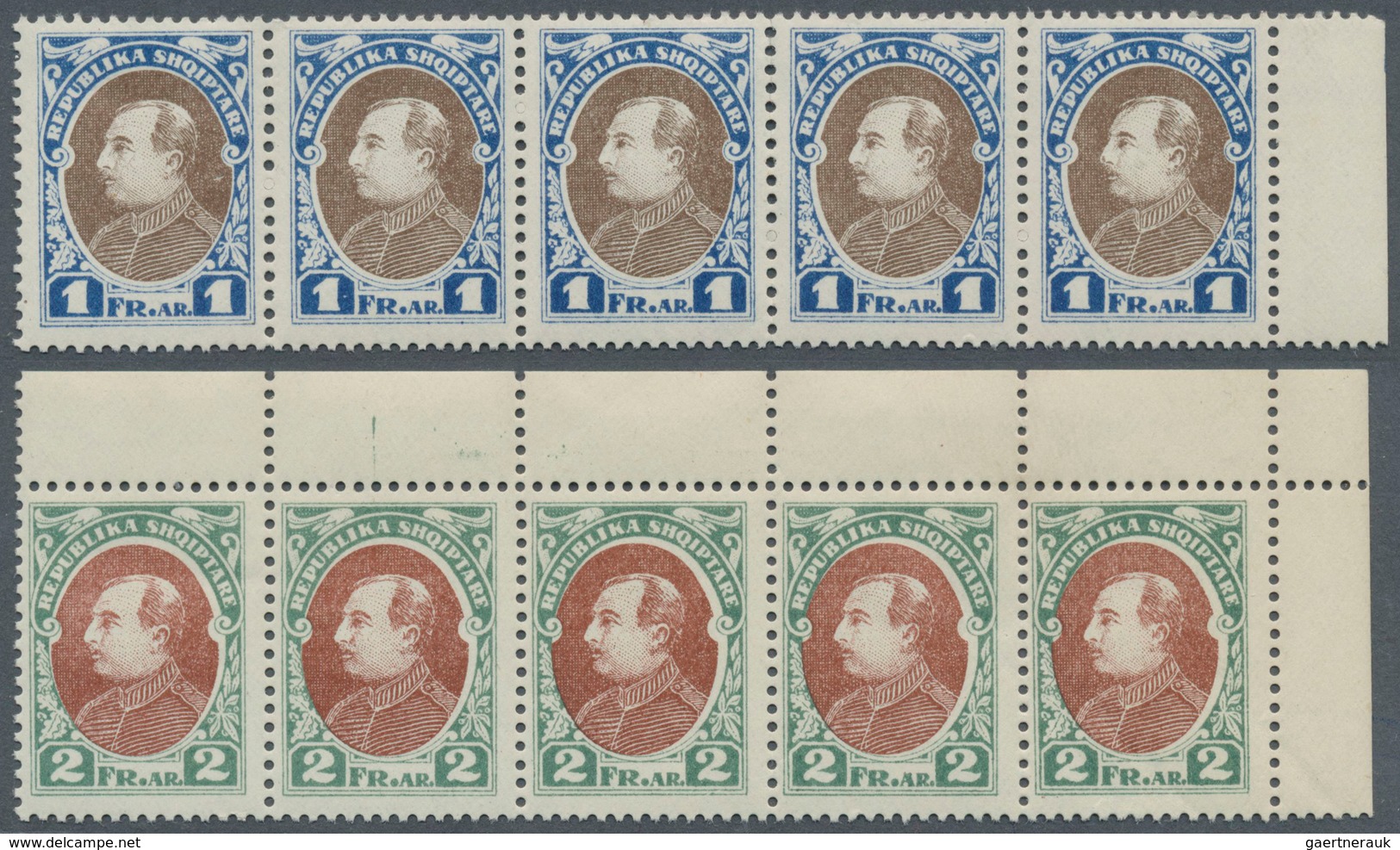 Albanien: 1925, Definitive Issue 'Achmed Zogu' UNISSUED Stamps 1fr. Blue/brown And 2fr. Grey Green/r - Albanie