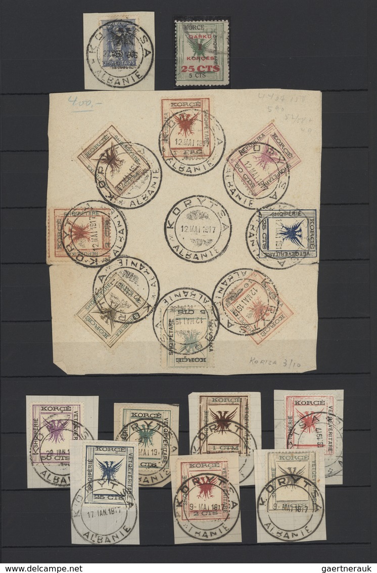 Albanien - Lokalausgaben: 1916/1918, Korca, Used Assortment Of 17 Stamps Incl. French Administration - Albanie