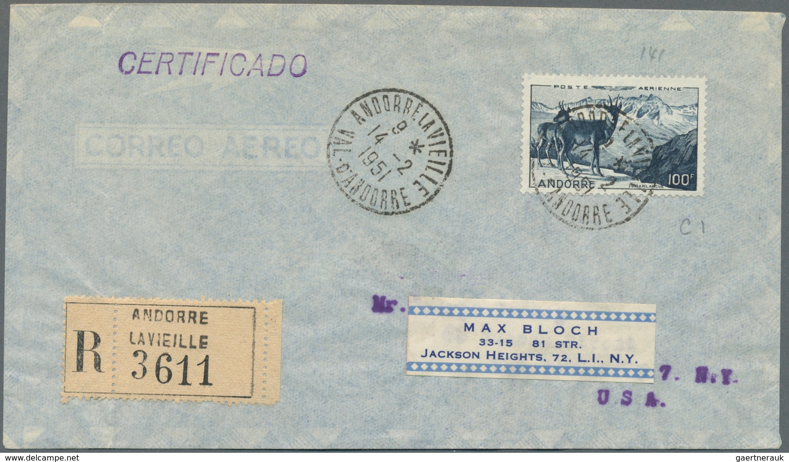 Andorra - Französische Post: 1931/1951, 5 Airmail Letters, Amongst Others Destinations USA, Belgium - Autres & Non Classés