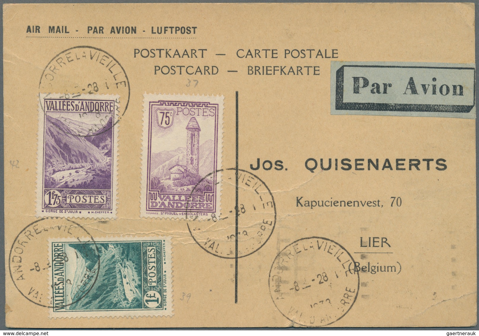 Andorra - Französische Post: 1931/1951, 5 Airmail Letters, Amongst Others Destinations USA, Belgium - Otros & Sin Clasificación