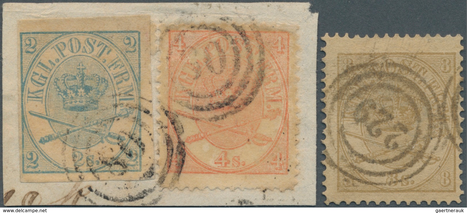 Dänemark: 1865/1868 (ca.), Lot Of Three Stamps Incl. 2s. Blue IMPERFORATE On Piece And 8s. Brown (op - Neufs