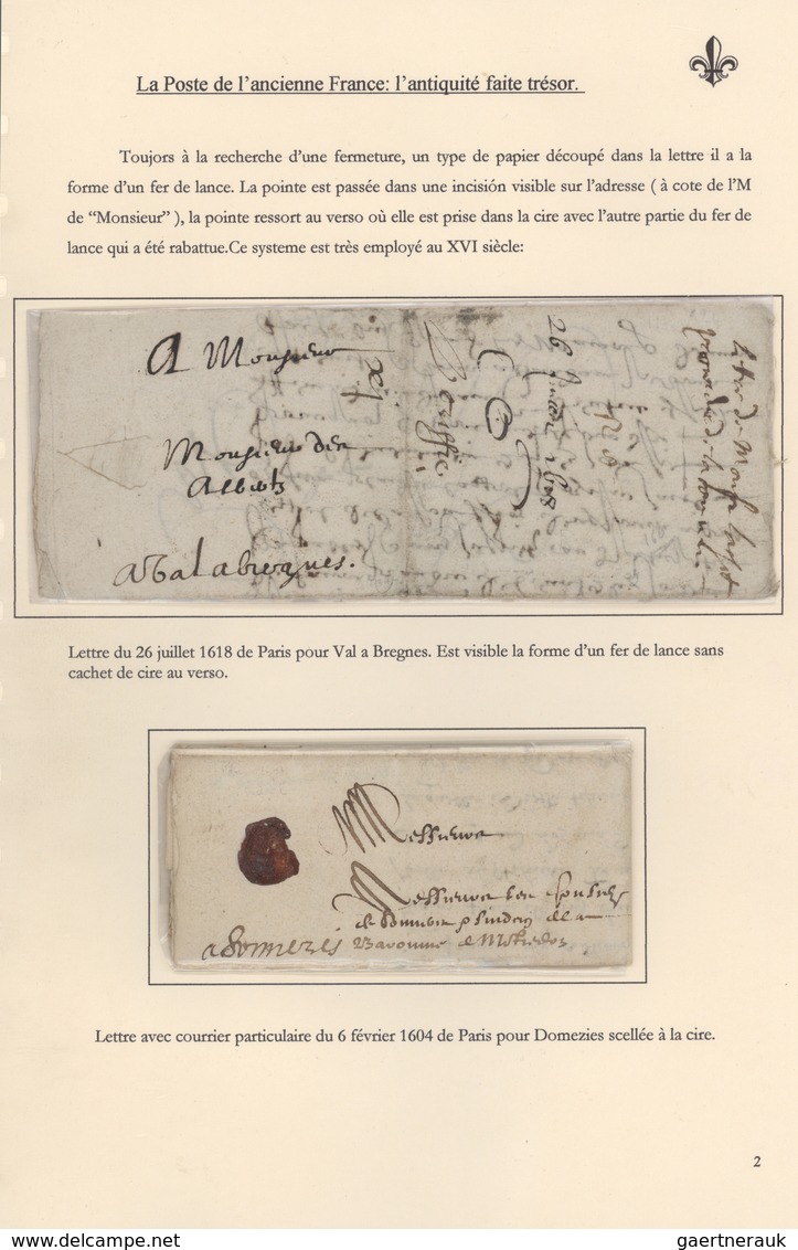 Frankreich - Vorphilatelie: 1604/1690 (ca): 15 Pages/1 Frame Exhibit "La Poste De L'ancienne France: - Autres & Non Classés