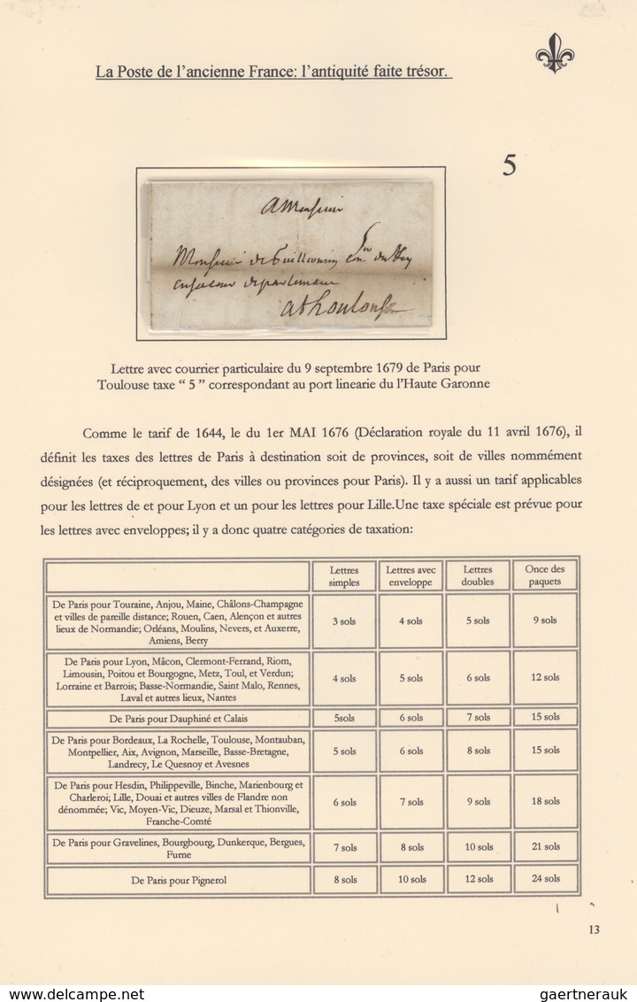 Frankreich - Vorphilatelie: 1604/1690 (ca): 15 Pages/1 Frame Exhibit "La Poste De L'ancienne France: - Autres & Non Classés