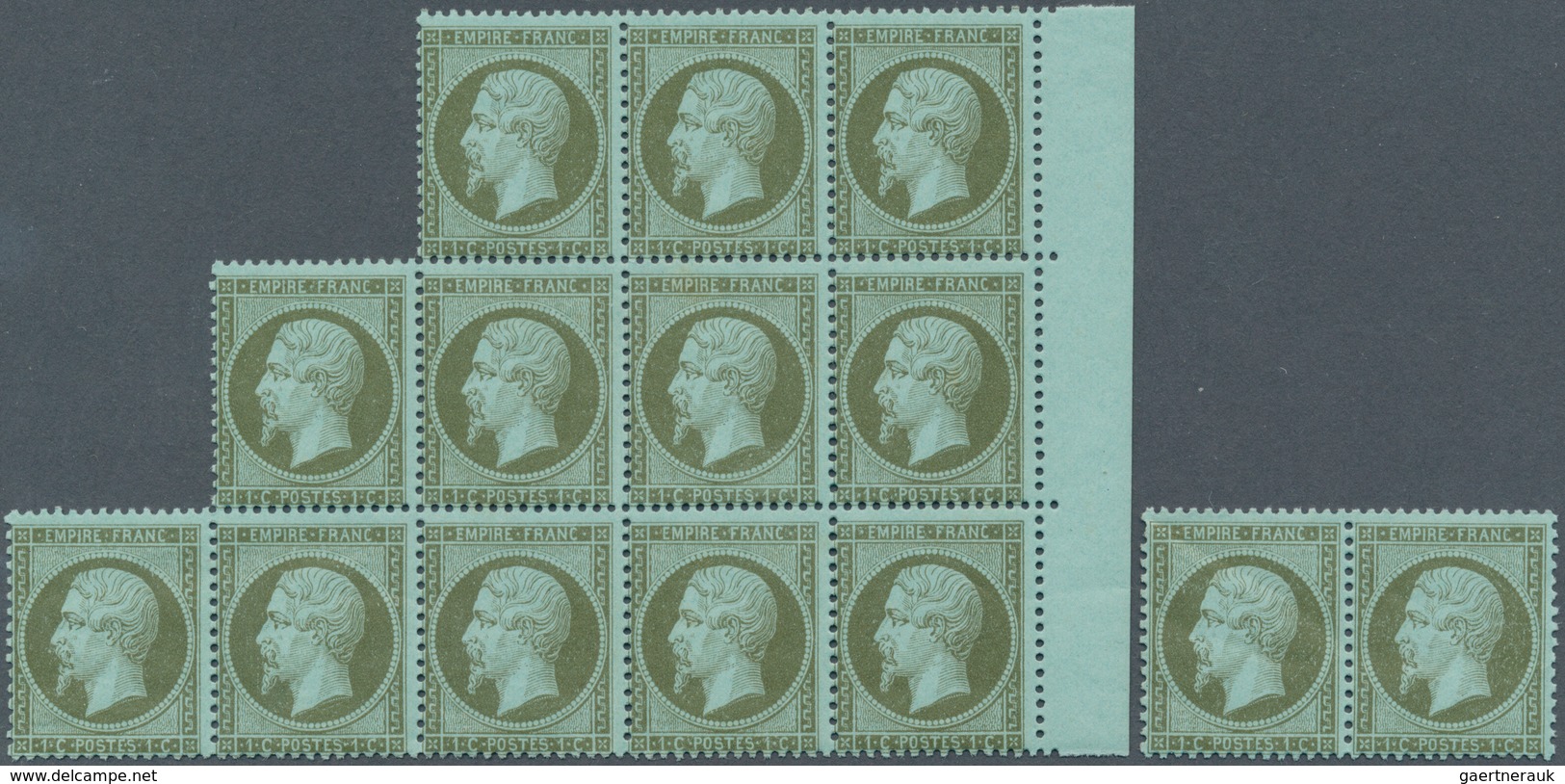 Frankreich: 1862, Napoleon 1c. Olive On Bluish, Lot Of 28 U/m Stamps Within Multiples, Unmounted Min - Autres & Non Classés