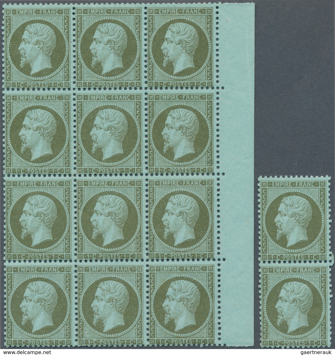 Frankreich: 1862, Napoleon 1c. Olive On Bluish, Lot Of 28 U/m Stamps Within Multiples, Unmounted Min - Autres & Non Classés