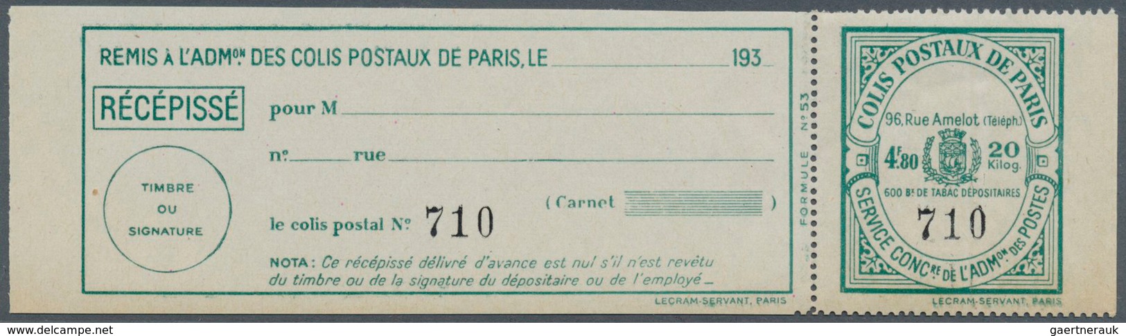 Frankreich - Postpaketmarken: PARCEL POST PARIS: 1930, Two-part Coupon 'COLIS POSTAUX DE PARIS POUR - Autres & Non Classés