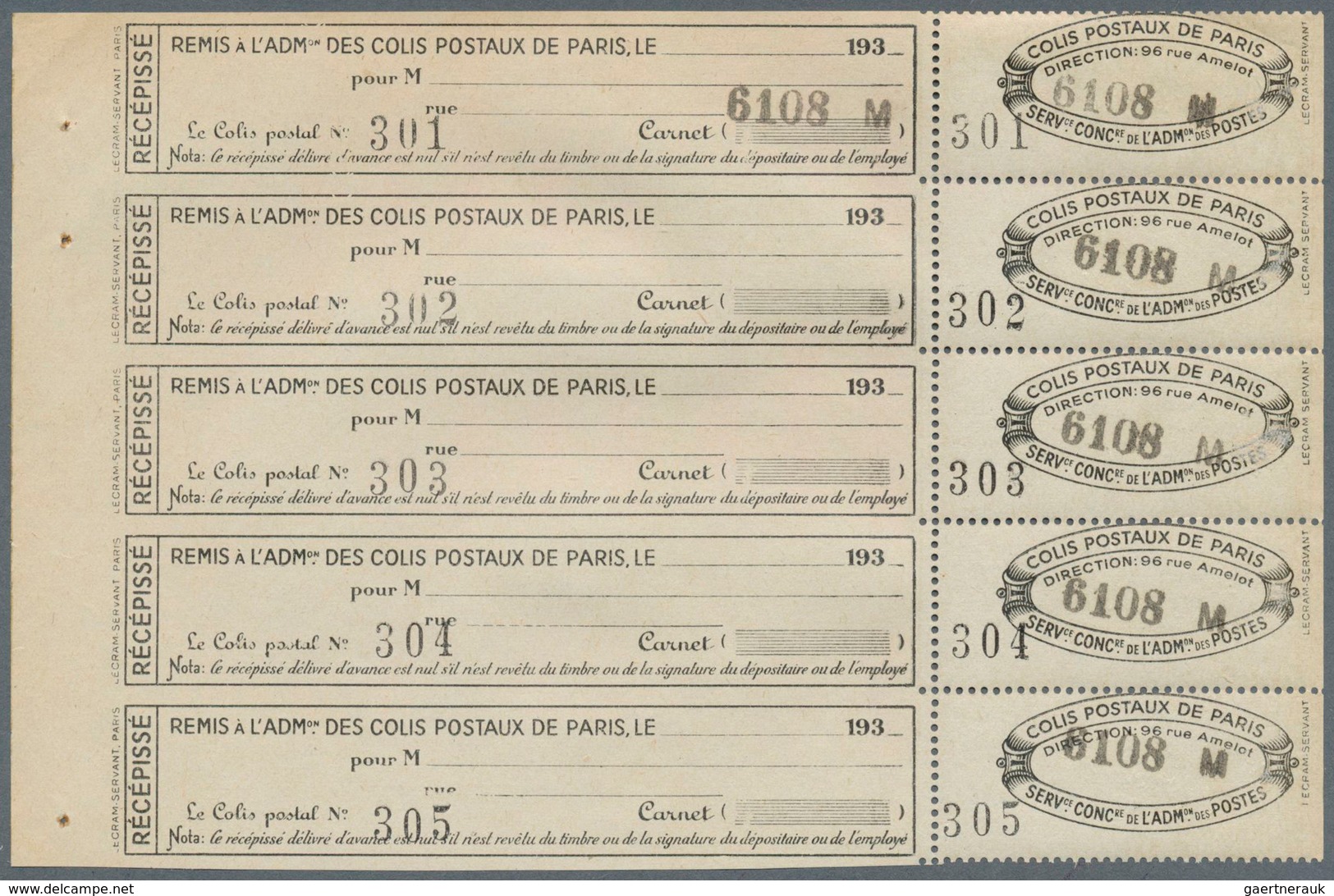 Frankreich - Postpaketmarken: PARCEL POST PARIS: 1930, Two-part Coupon 'COLIS POSTAUX DE PARIS POUR - Autres & Non Classés