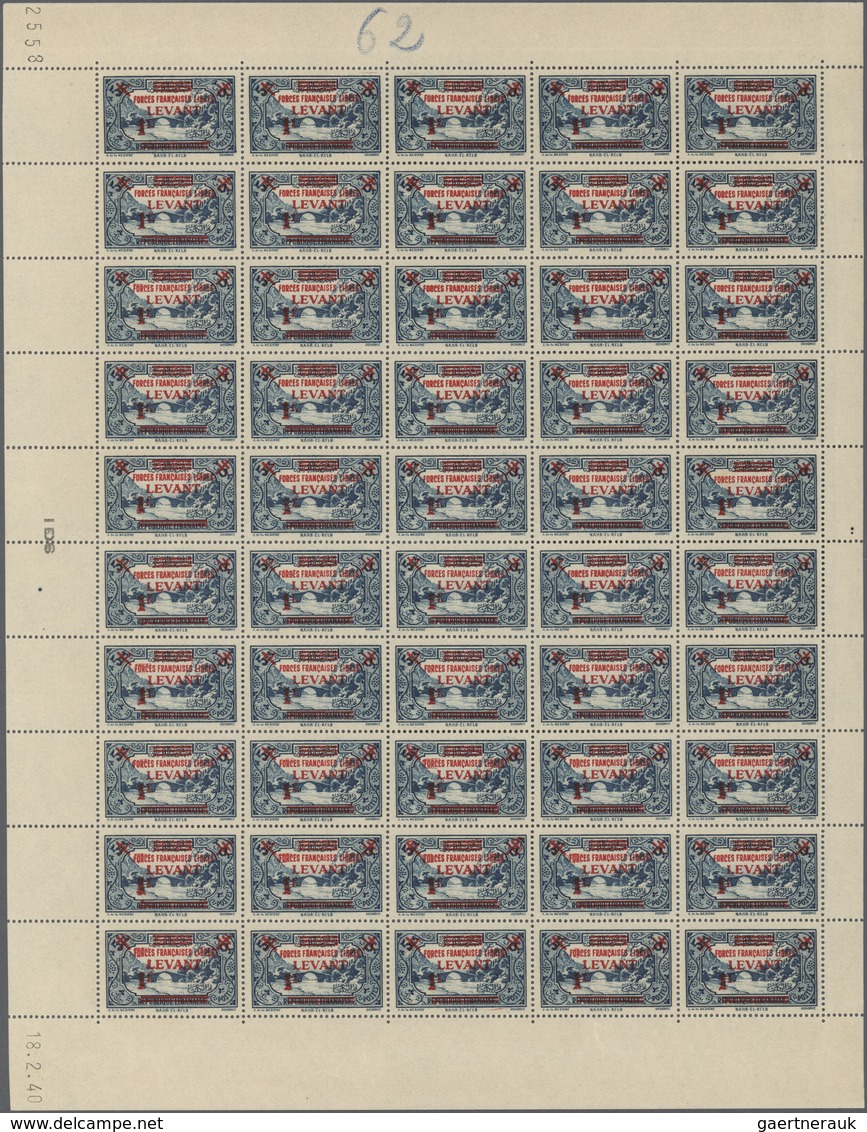 Französische Post In Der Levante: 1942, 1fr. On 5pi. Greenish Blue, Complete Sheet Of 50 Stamps, Unm - Otros & Sin Clasificación