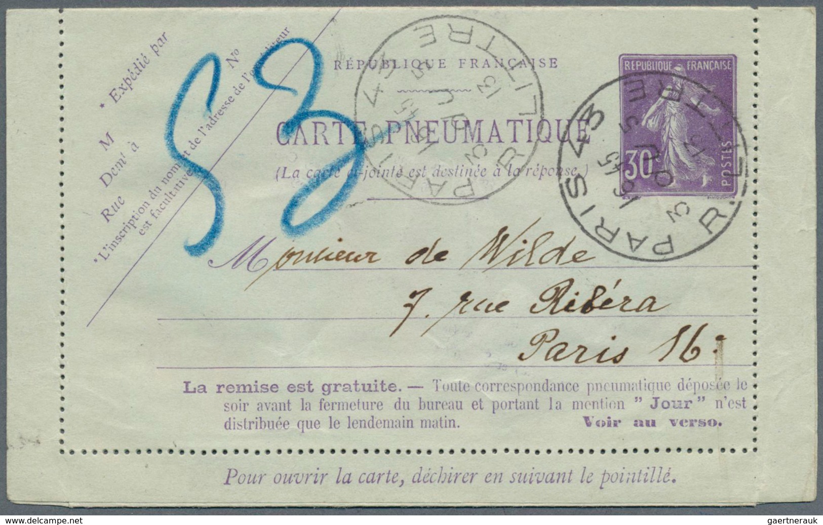 Frankreich - Ganzsachen: 1879/1945 Ca., PNEUMATIC MAIL, Interesting Collection With 29 Used Statione - Other & Unclassified