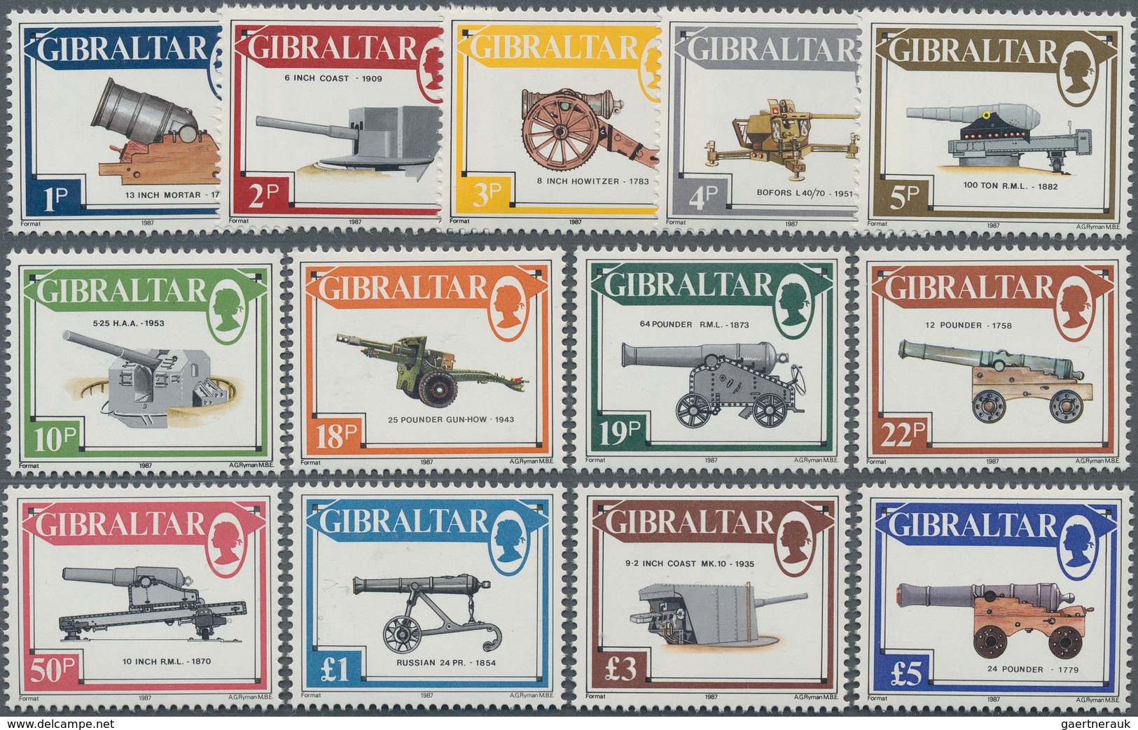 Gibraltar: 1987, Definitives 'Heavy Artillerie' Complete Set Of 13 From 1p. To £5 In Part Sheets Wit - Gibraltar