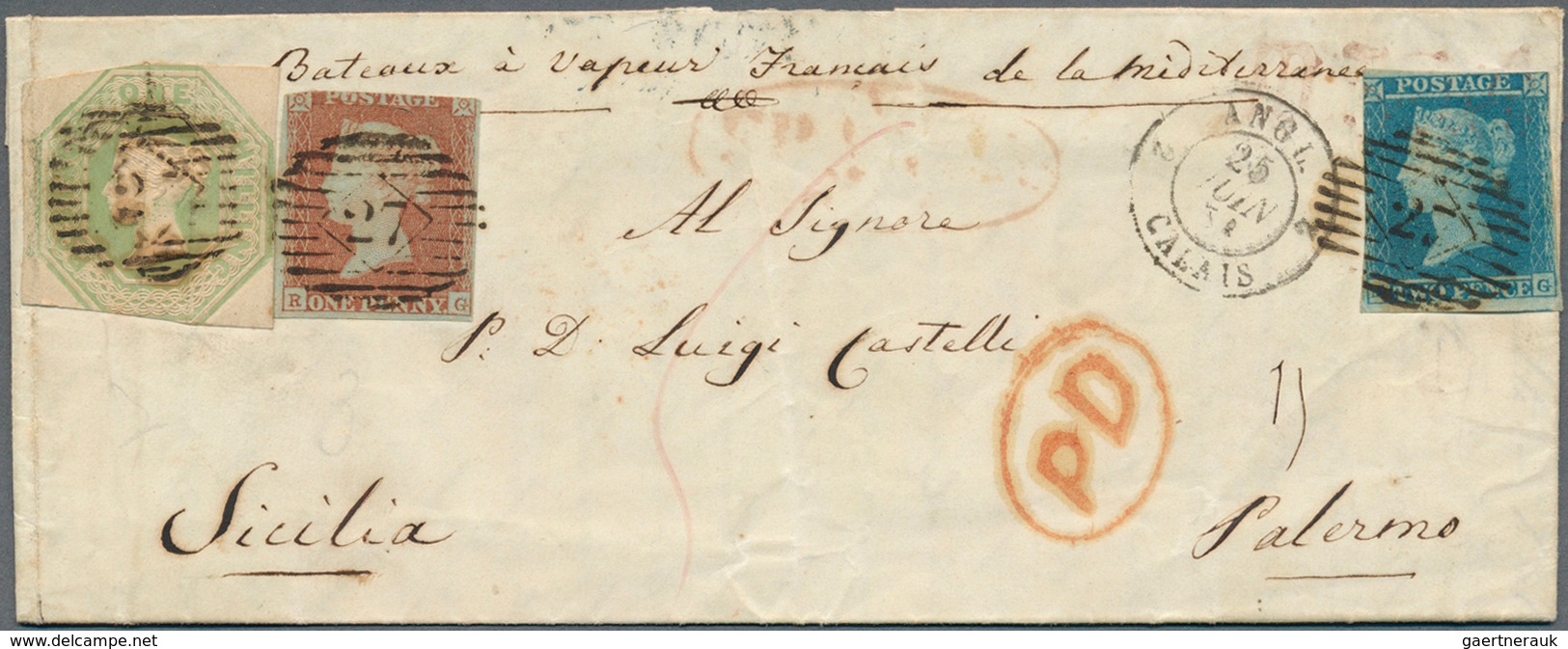 Großbritannien: 1851/1859, Group Of Four Covers To Foreign Destinations, Incl. Embossed Issue 6d. Sq - Autres & Non Classés