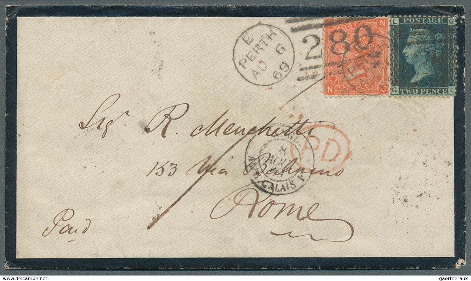 Großbritannien: 1861/1869, Lot Of Three Entires To Italy, E.g. 1856 6d. Lilac, 1856 1s. Green Two Co - Autres & Non Classés