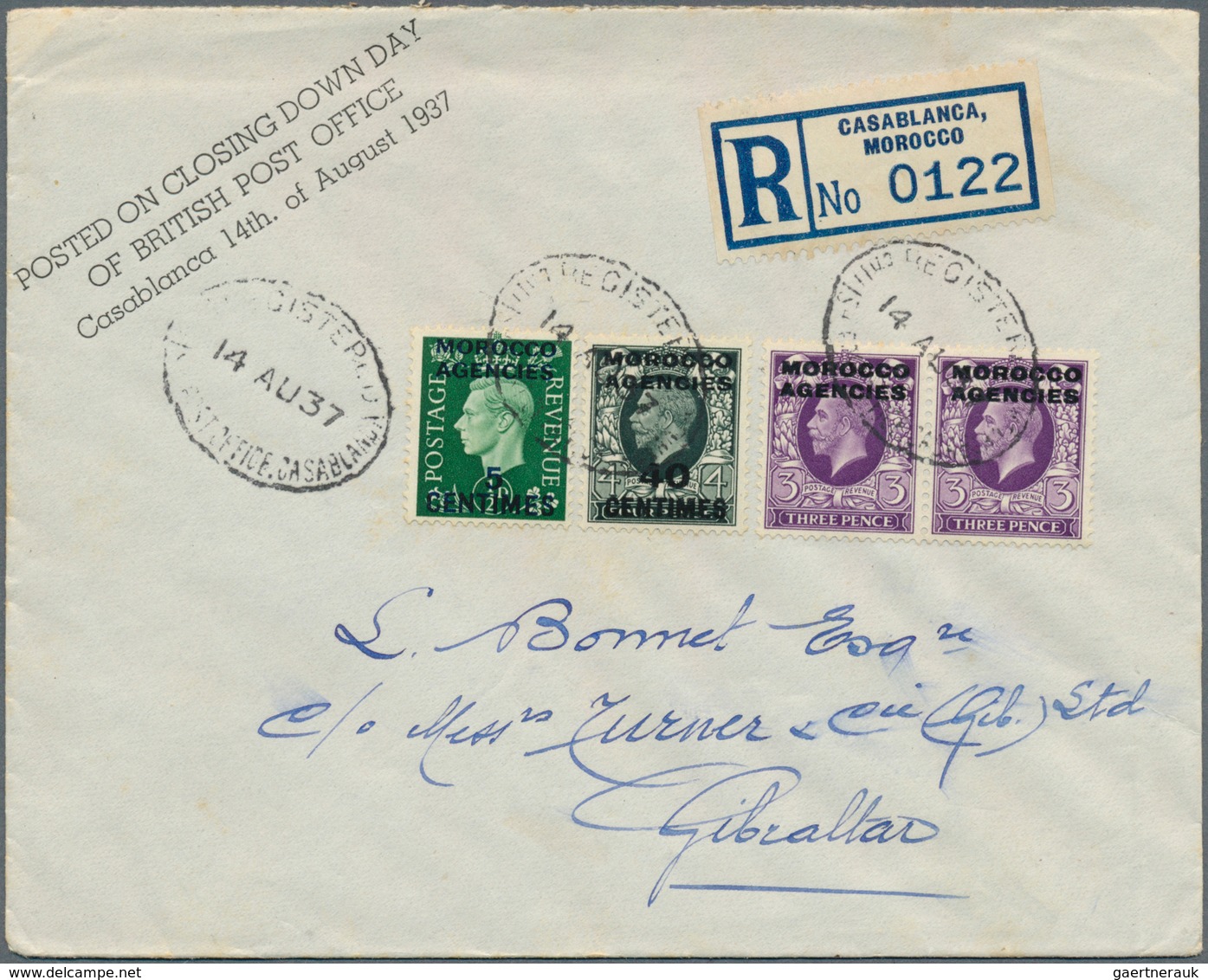 Britische Post In Marokko: 1921/1953 Ca., Group Of 7 Covers Comprising Registered Mail From Casablan - Otros & Sin Clasificación