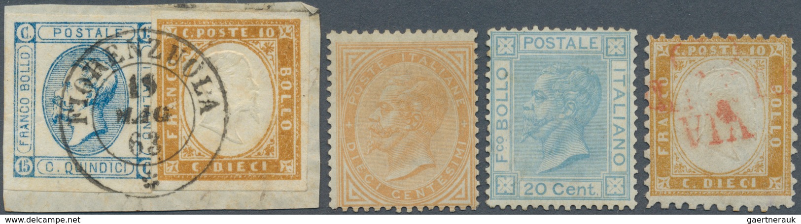 Italien: 1863/1891, Mint And Used Lot Of Nine Stamps Incl. Sass. 1 Used Signed A.Diena, L26 Mint Cer - Neufs