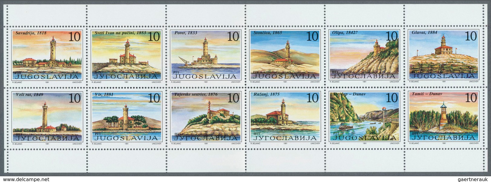 Jugoslawien: 1991, LIGHTHOUSES On Adriatic Sea And Danube Se-tenant Set Of Twelve In A Lot With Abou - Usados