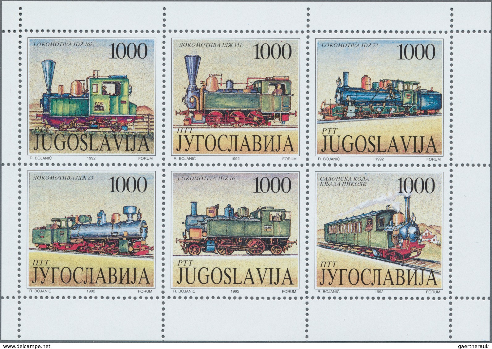 Jugoslawien: 1992, Steam Trains, 165 Se-tenant Mini-sheets, Unmounted Mint. Michel Nos. 2548/53 (165 - Usados