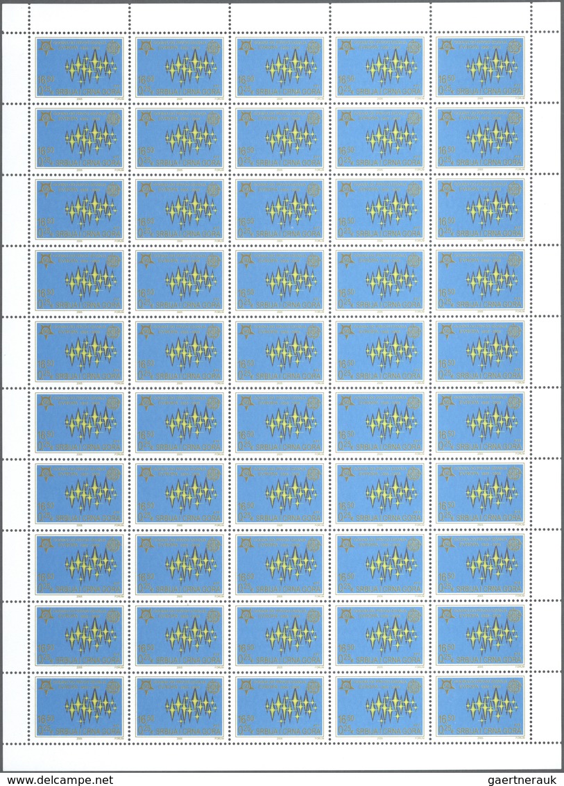 Jugoslawien: 2006, "50 Jahre Europamarken". Lot von 1.000 Sätzen in Bogen und 1.000 Blockgarnituren