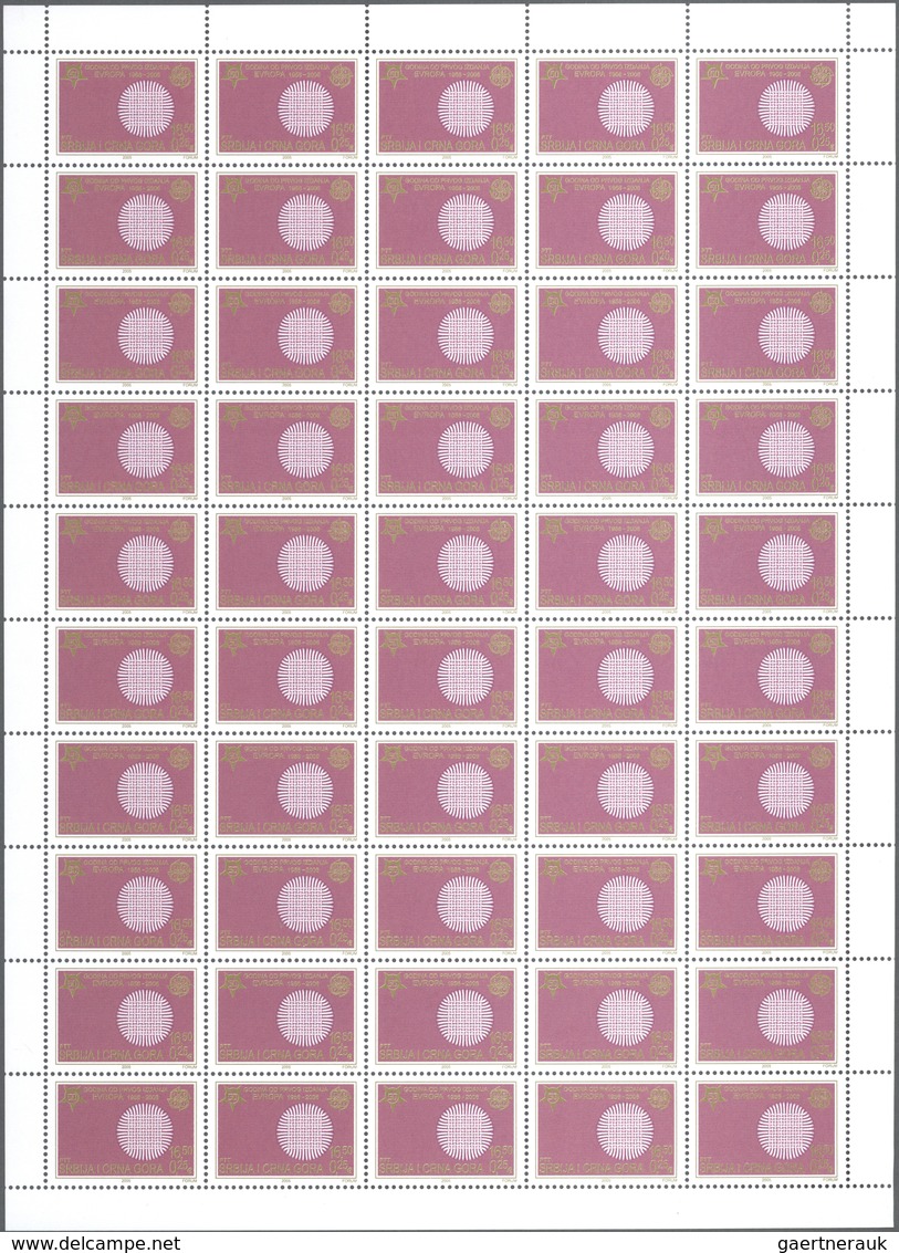 Jugoslawien: 2006, "50 Jahre Europamarken". Lot von 1.000 Sätzen in Bogen und 1.000 Blockgarnituren