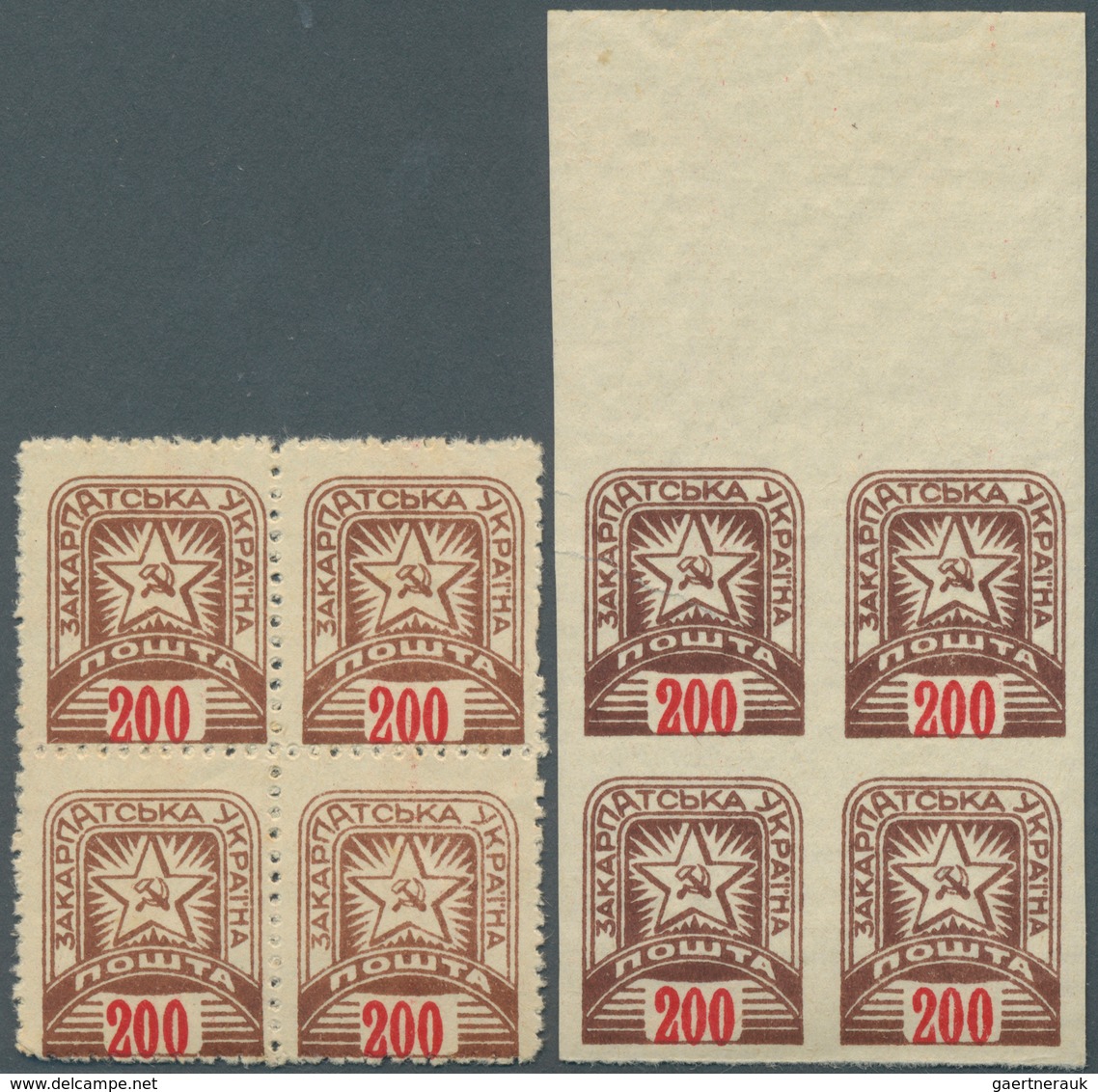Karpaten-Ukraine: 1945, Group Of Ten Blocks Of Four (=40 Stamps), Unnmounted Mint (some With Natural - Ucrania
