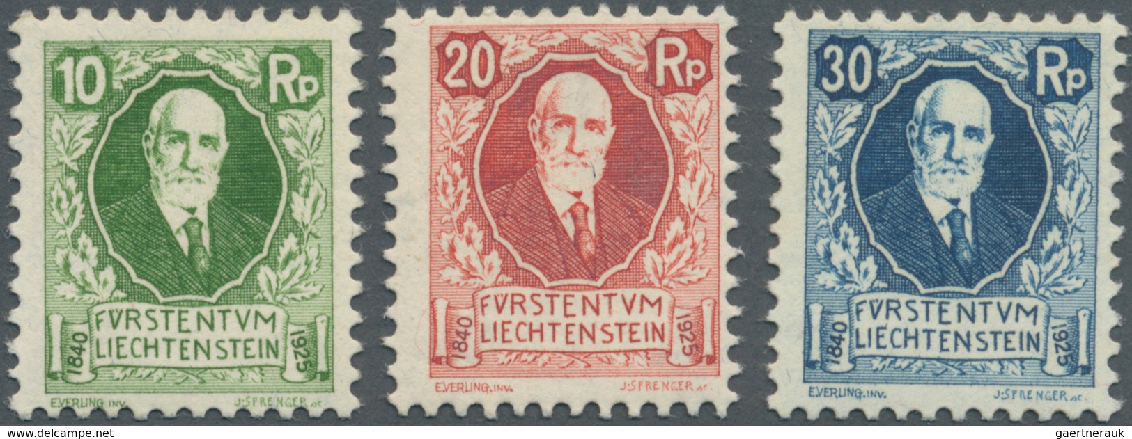 Liechtenstein: 1925, 85. Geburtstag Von Fürst Johann II. Kompletter Satz (3 Werte) Bestand Mit 31 Sä - Cartas & Documentos