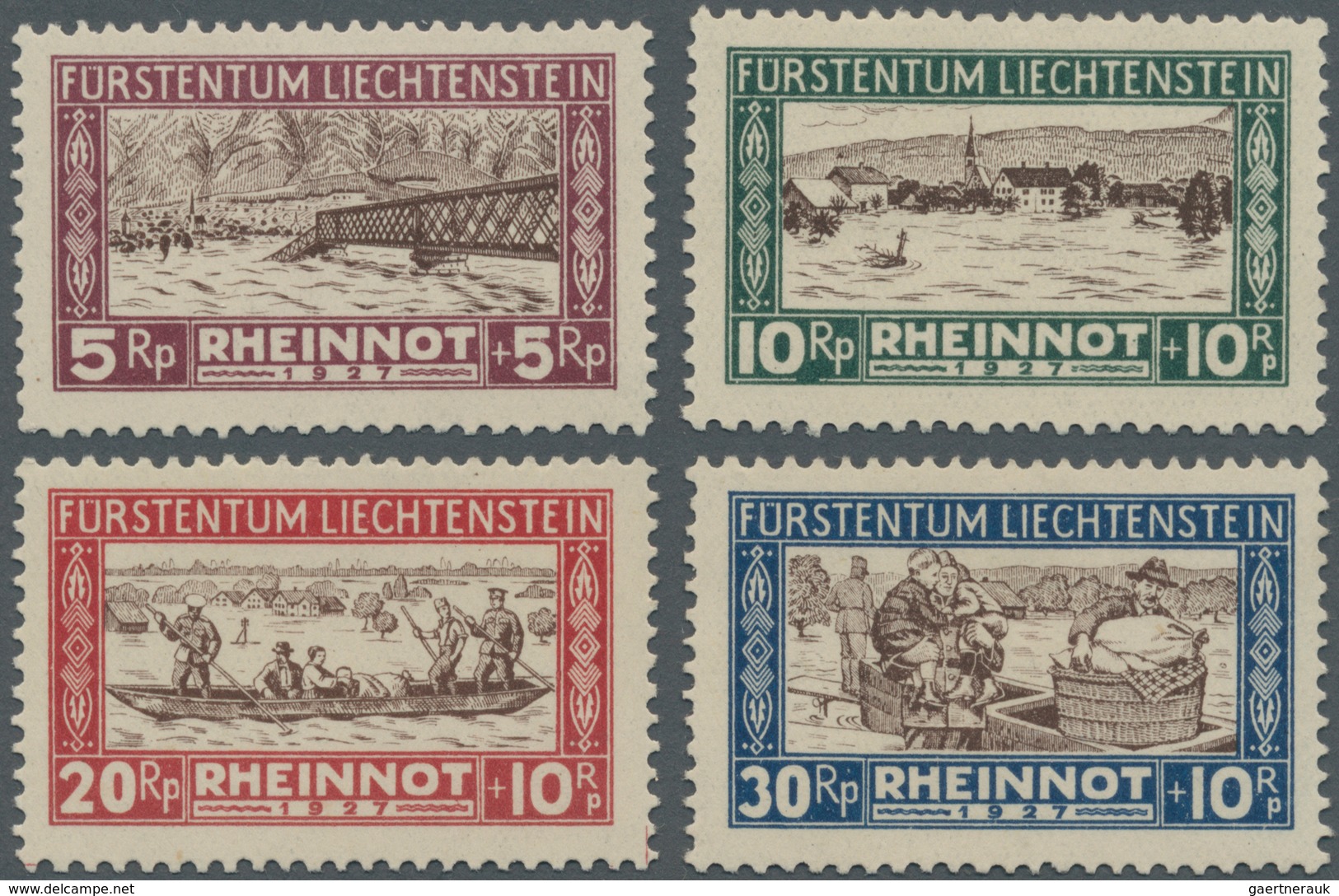 Liechtenstein: 1928, Rheinnot Kompletter Satz (4 Werte) Bestand Mit 21 Sätzen Alle Ungebraucht Mit F - Cartas & Documentos