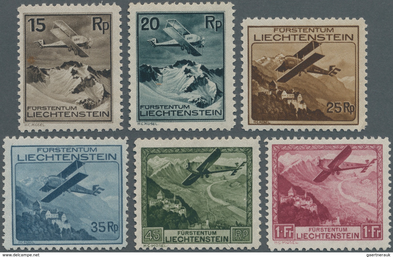 Liechtenstein: 1930, Flugpostmarken ‚Flugzeug über Landschaften‘ Kompletter Satz (6 Werte) Bestand M - Cartas & Documentos