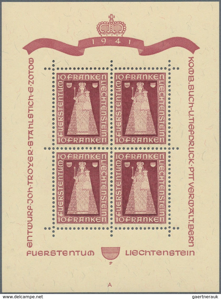 Liechtenstein: 1941, 10 Fr. Madonna Von Dux, Vier Kleinbogen Mit Formnummern "A", "B", "C", "D", Pos - Lettres & Documents