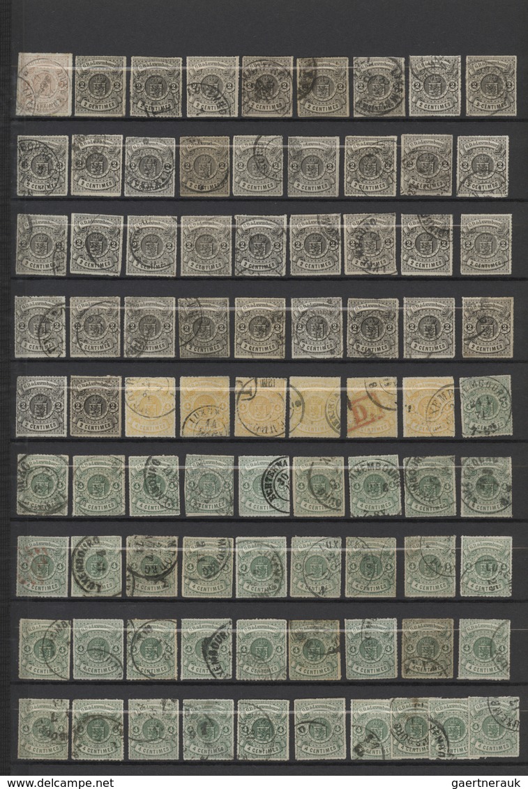 Luxemburg: 1865/1871, Definitives Coat Of Arms" Rouletted Issue, Used Assortment Of 82 Stamps Of All - Cartas & Documentos