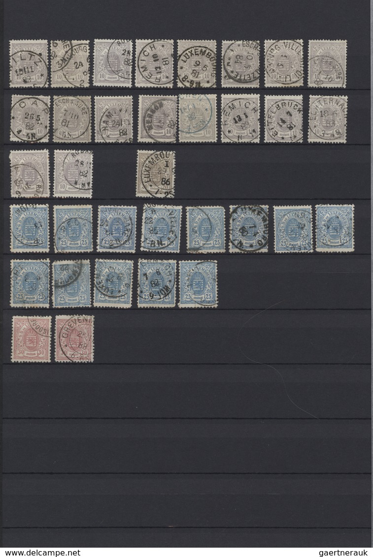 Luxemburg: 1880/1884, Definitives Coat Of Arms", Used Assortment Of 95 Stamps Incl. Three Copies 5c. - Lettres & Documents