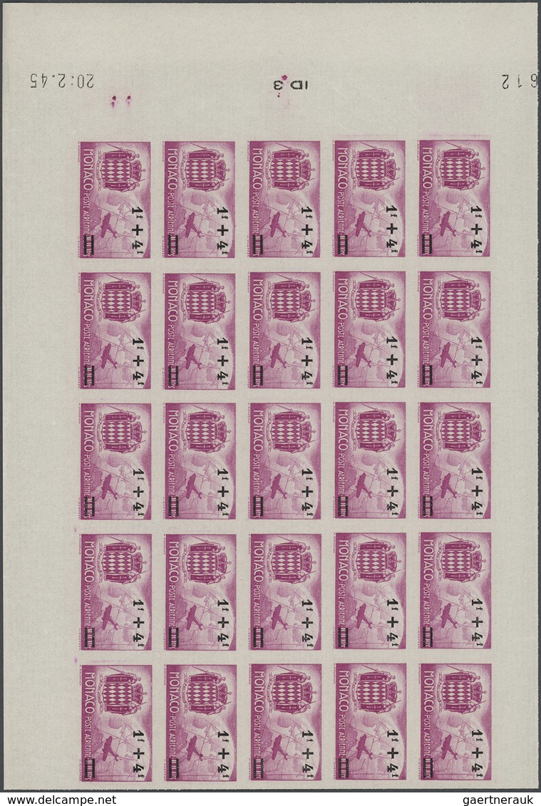 Monaco: 1945, Airmails Surcharges Complete Set Of Five In A Lot With 75 IMPERFORATE Sets All In Bloc - Nuevos