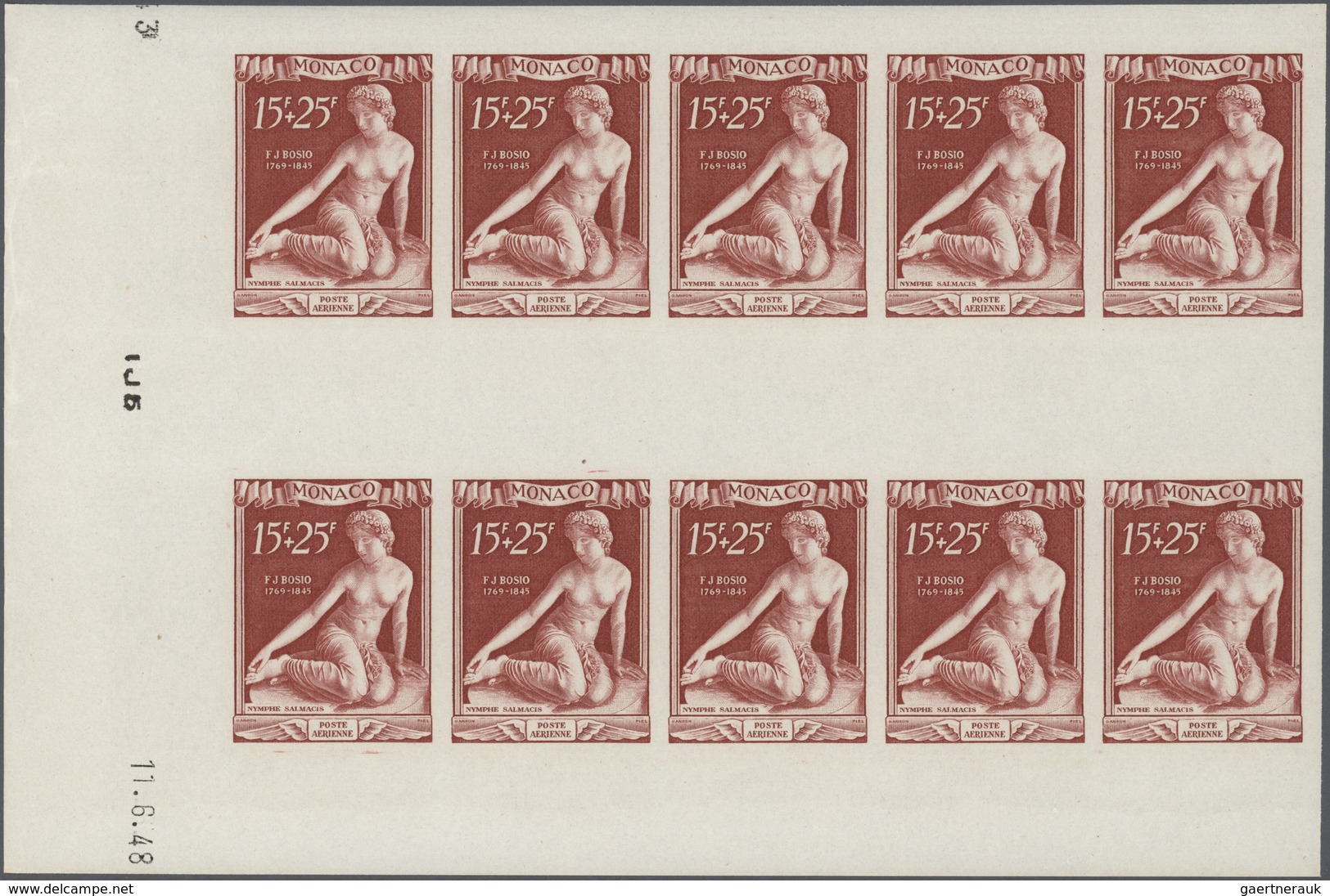 Monaco: 1948, 180th Birth Anniversary Of F.J.Bosio/Sculptures IMPERFORATE, 25 Complete Sets In Margi - Neufs