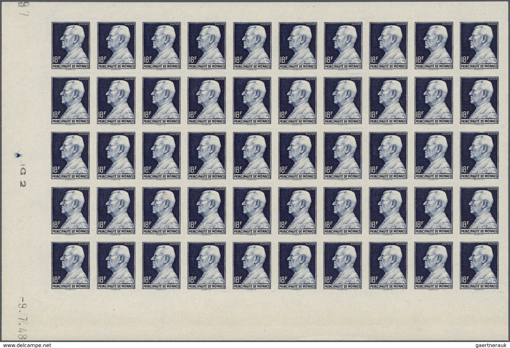 Monaco: 1948/1949, Definitives Loius II. IMPERFORATE, 30c. To 18fr., Complete Set Of Ten Values In M - Nuevos