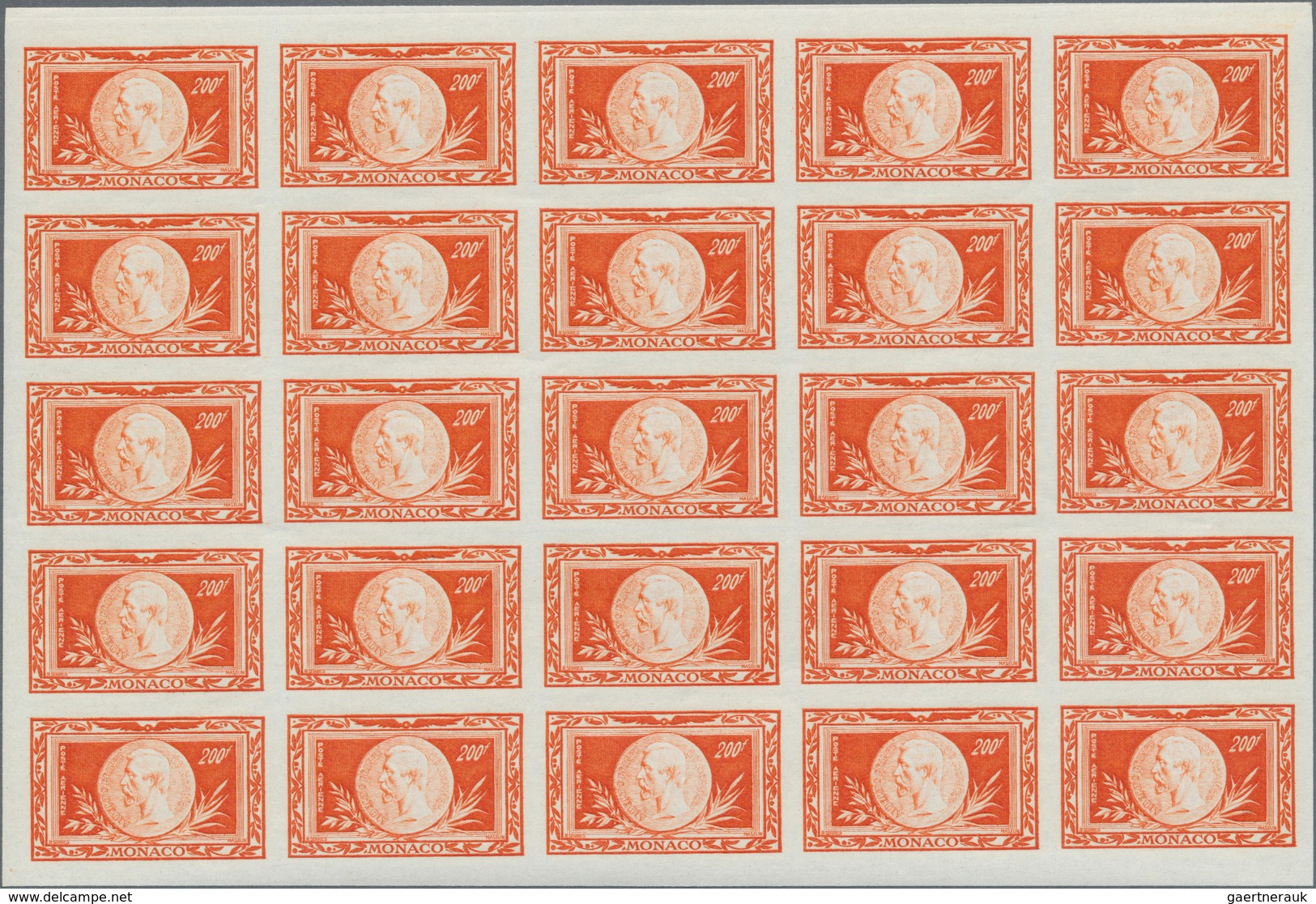 Monaco: 1949, 100th Birth Anniversary, Airmail Stamps 20fr. To 200fr., IMPERFORATE Blocks Of 25, Unm - Neufs