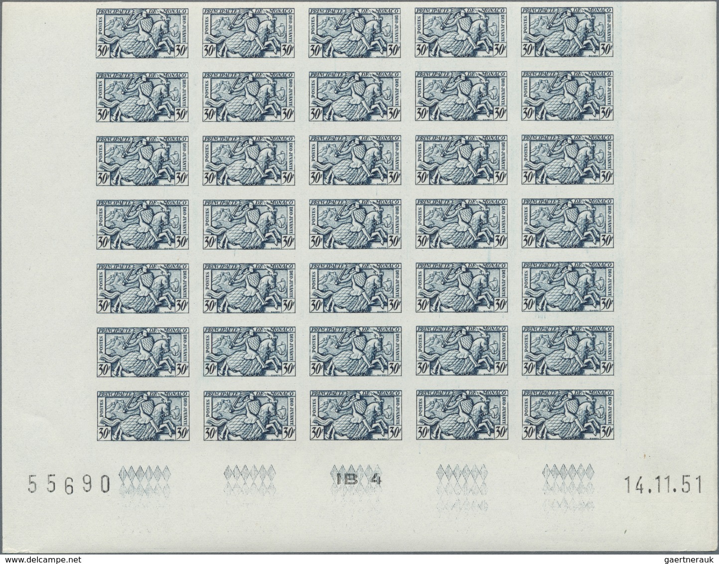 Monaco: 1951, Definitives For Business Cards, 1fr. To 30fr., IMPERFORATE Bottom Marginal Blocks Of 3 - Nuevos