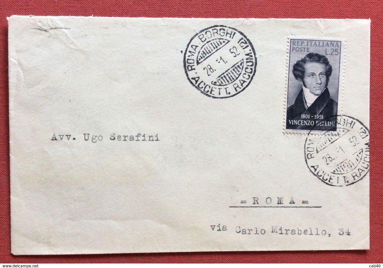 VINCENZO BELLINI L. 25 SU BUSTA DA ROMA BORGHI ACC.RACC. 28/1/52 PER CITTA' - 1946-60: Storia Postale