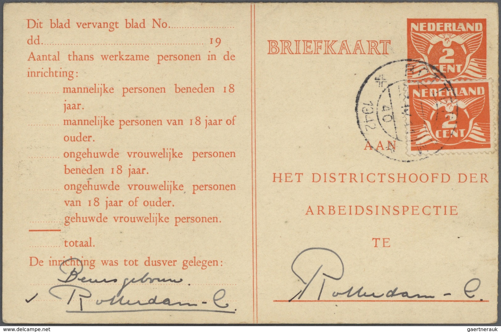 Niederlande - Ganzsachen: 1938/1943, Approximately 120 Stationery Cards For The "ARBEIDSINSPECTIE" A - Material Postal