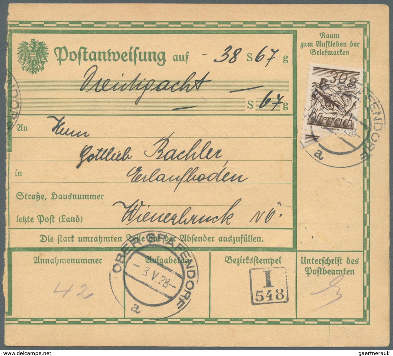 Österreich: 1928, Ungewöhnlicher Bestand Mit 46 POSTANWEISUNGS-FORMULAREN Meist Mit 15 Gr.-Frankatur - Autres & Non Classés