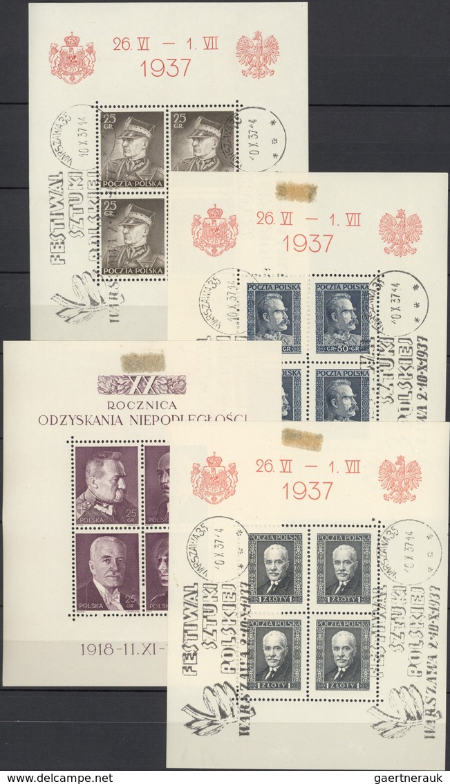 Polen: 1928/1938, Lot Of Seven Souvenir Sheets, Varied Condition, Incl. 1928 Stamp Exhibition, 1938 - Autres & Non Classés