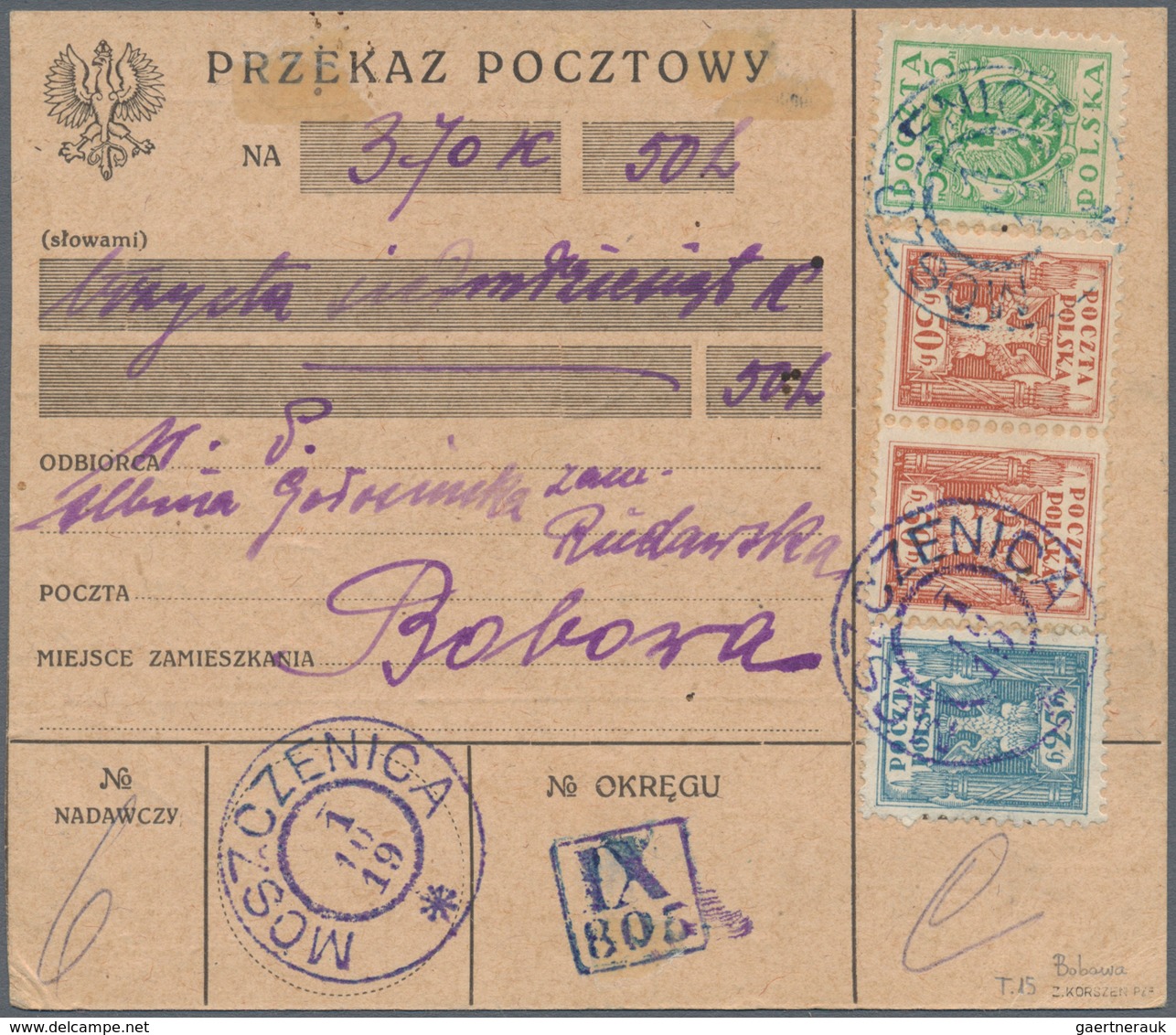 Polen - Lokalausgaben 1915/19: 1919/1923 (ca): 132 Postal Orders Franked With Postage Due Stamps Fro - Autres & Non Classés