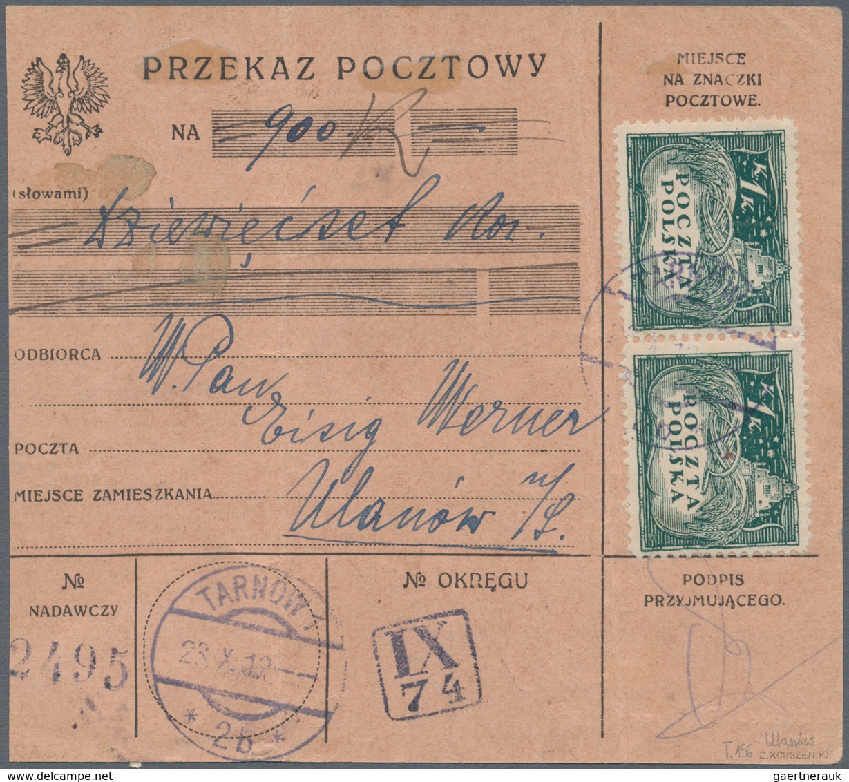 Polen - Lokalausgaben 1915/19: 1919/1923 (ca): 132 postal orders franked with postage due stamps fro