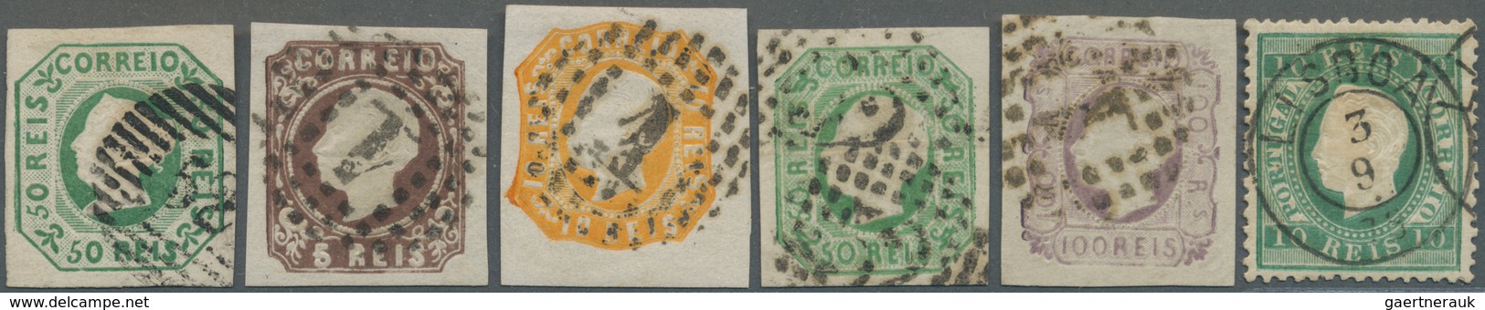 Portugal: 1853/1879, Lot Of Six Used Classic Stamps Incl. 1853 50r. Green Wide Margins, 1879 10r. Bl - Nuevos