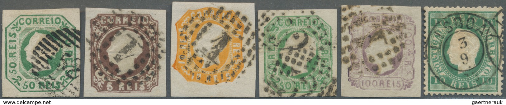 Portugal: 1853/1879, Lot Of Six Used Classic Stamps Incl. 1853 50r. Green Wide Margins, 1879 10r. Bl - Unused Stamps