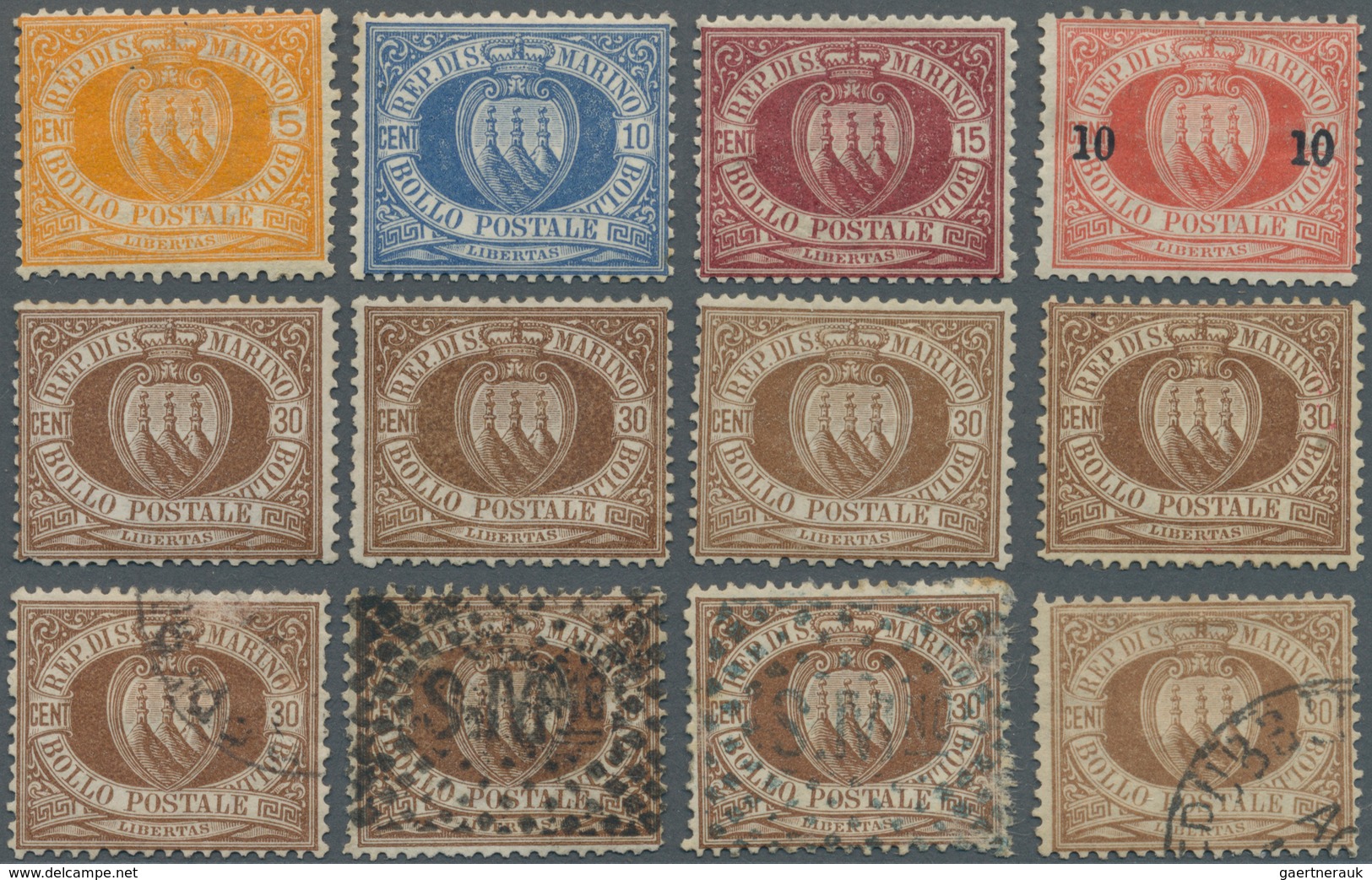 San Marino: 1877/1899, Duplicated Lot Of The Early Coat Of Arms Issues With Many Better Stamps Incl. - Autres & Non Classés