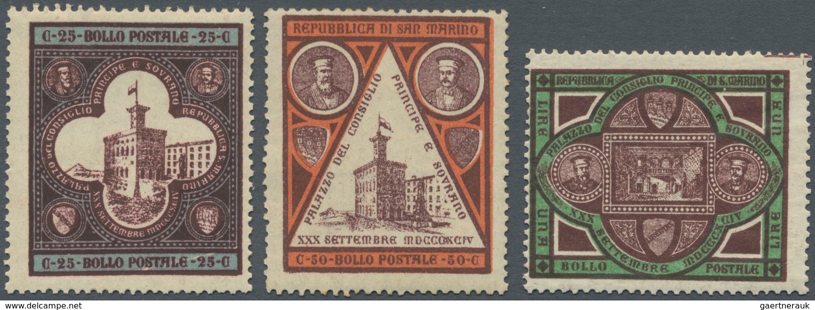 San Marino: 1894, New Government Building Complete Set Of Three In A Lot With 34 Sets, Unused With O - Other & Unclassified