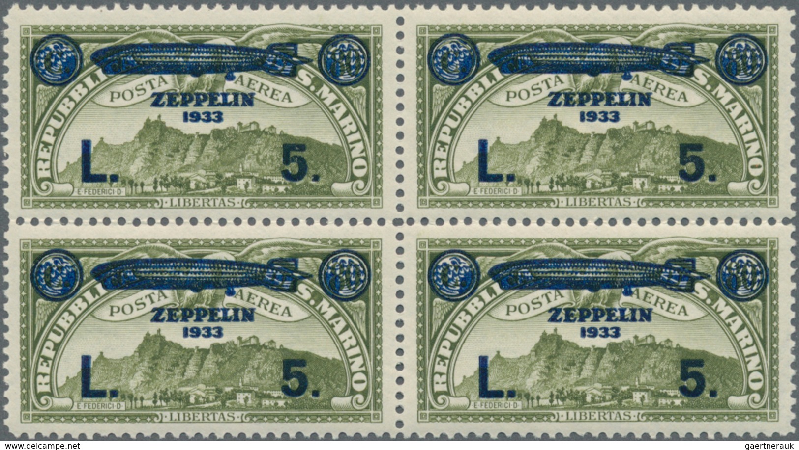 San Marino: 1933, Airmail Stamp ‚Monte Titano‘ 80c. Olive With Blue Opt. ‚ZEPPELIN 1933 / L. 5.‘ In - Autres & Non Classés