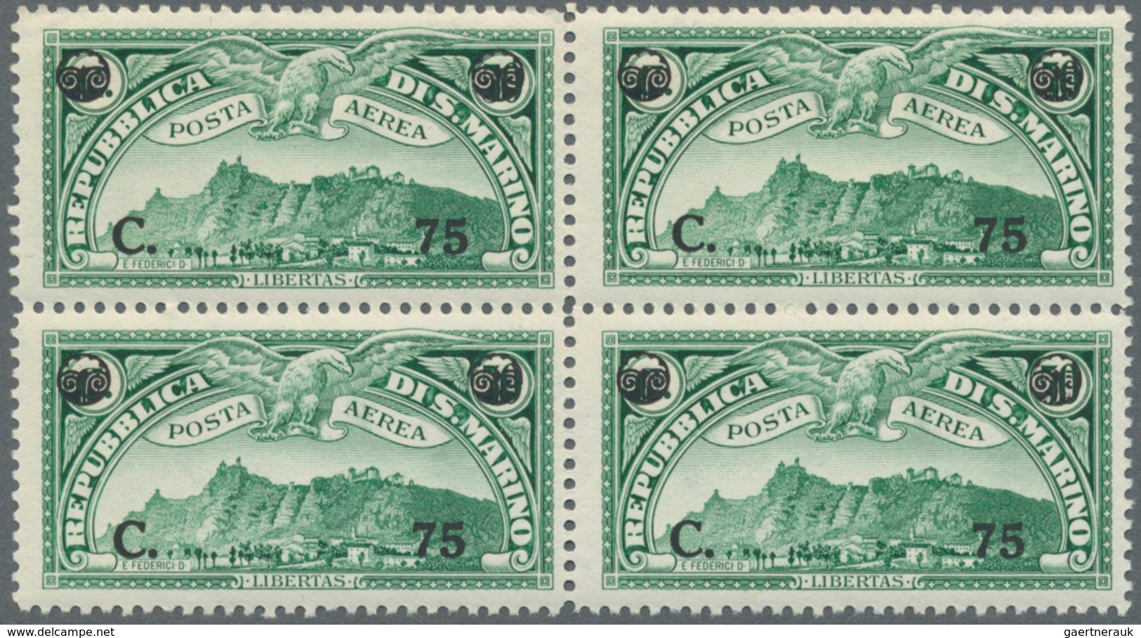 San Marino: 1936, Airmail Stamp ‚Monte Titano‘ 50c. Green Surcharged ‚C. 75‘ In A Lot With 430 Stamp - Autres & Non Classés