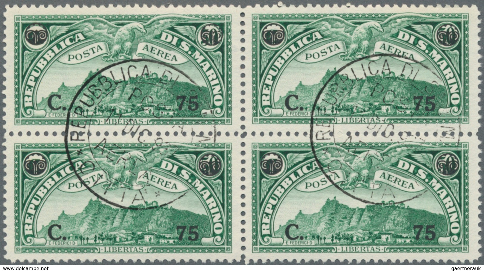 San Marino: 1936, Airmail Stamp ‚Monte Titano‘ 50c. Green Surcharged ‚C. 75‘ In A Lot With 430 Stamp - Autres & Non Classés