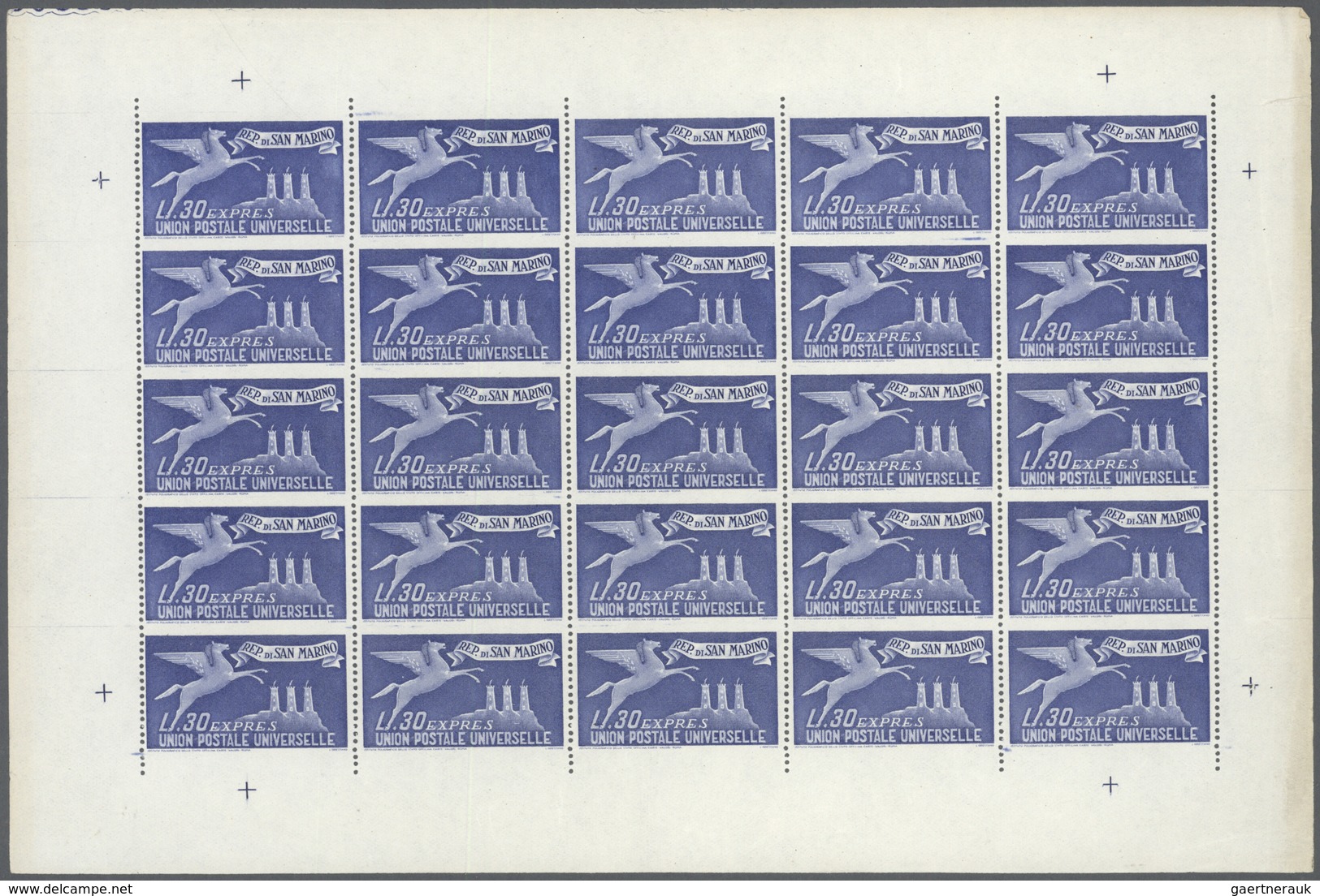 San Marino: 1946, 30l. Blue Express Stamp, Sheet Of 25 Stamps (few Imperfections In Margin) Showing - Autres & Non Classés