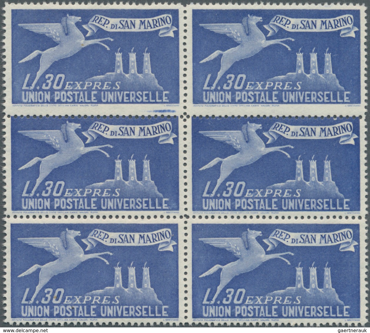 San Marino: 1946, Express Stamp 30lire Ultramarine ‚Pegasus And The Three Towers Of San Marino‘ In A - Autres & Non Classés